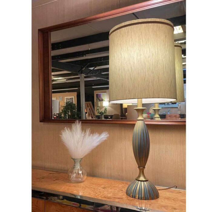 rembrandt gold and teal mid century modern hour glass shaped table lamp with shade 7038