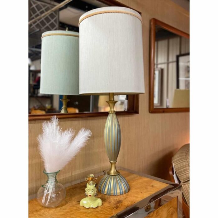 rembrandt gold and teal mid century modern hour glass shaped table lamp with shade 8742