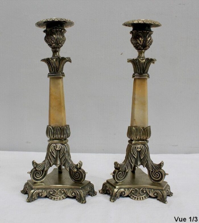 restoration period bronze and marble candlesticks 19th century set of 2 1