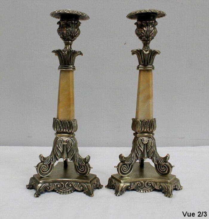 restoration period bronze and marble candlesticks 19th century set of 2 13