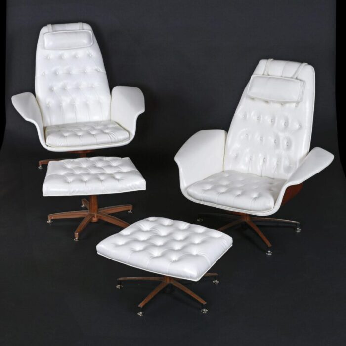 restored mid century modern george mulhauser style white chairs with matching ottomans 3112