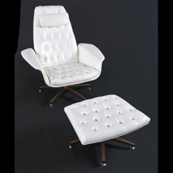 restored mid century modern george mulhauser style white chairs with matching ottomans 6427