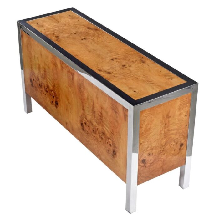 restored vintage 1970s pace collection post modern burl wood and chrome credenza 0067