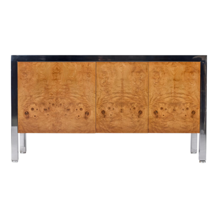 restored vintage 1970s pace collection post modern burl wood and chrome credenza 4719