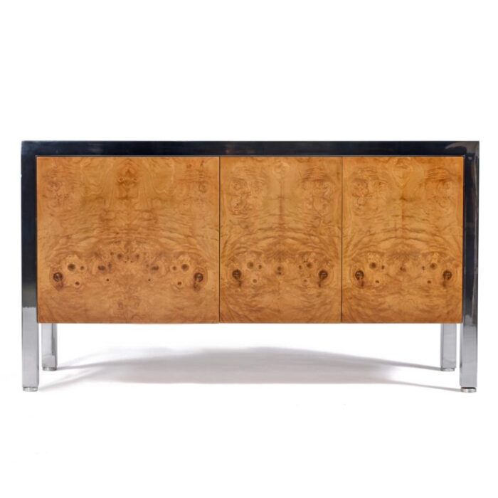 restored vintage 1970s pace collection post modern burl wood and chrome credenza 5607