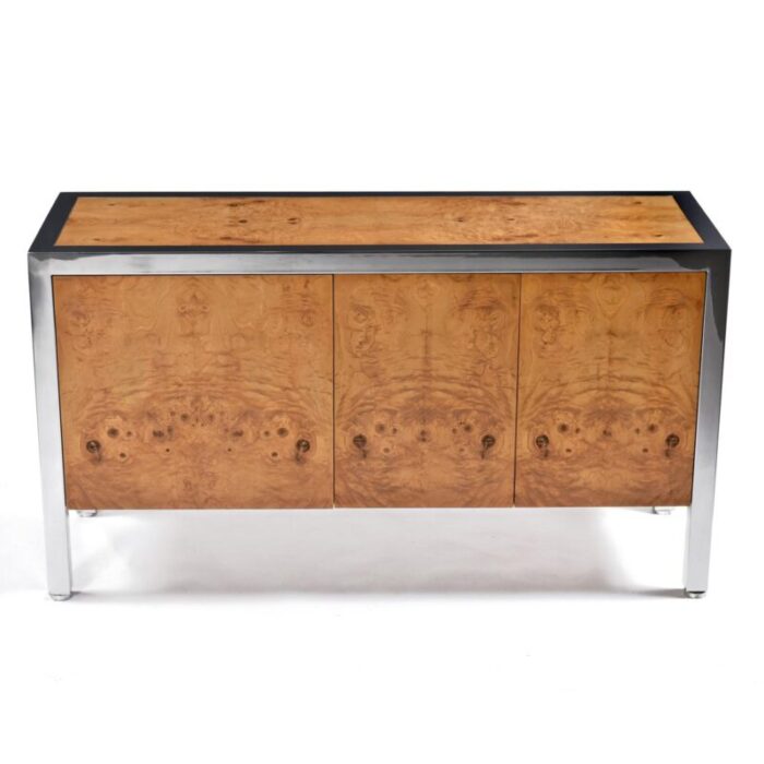 restored vintage 1970s pace collection post modern burl wood and chrome credenza 5910