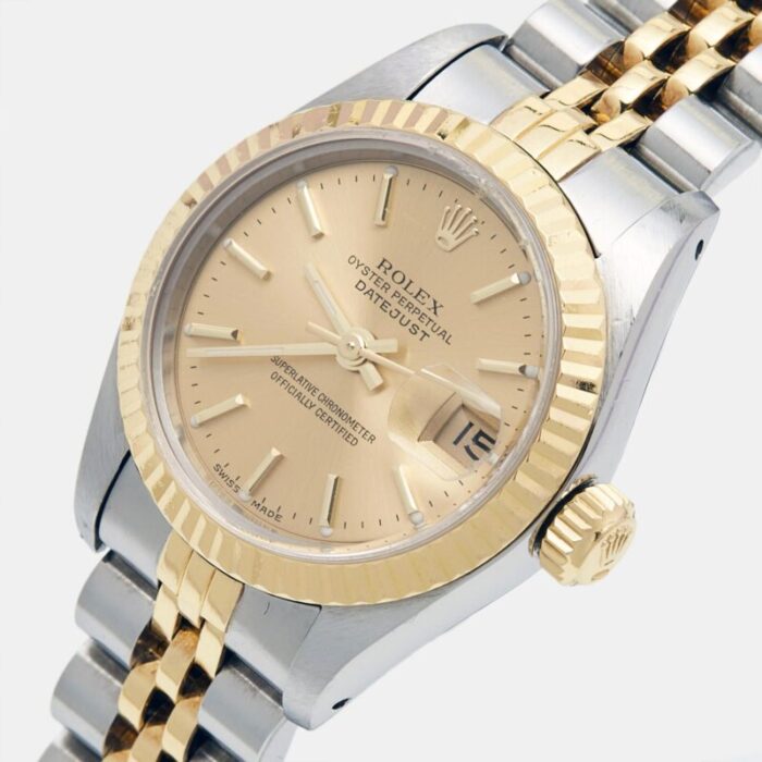 rolex champagne 18k yellow gold stainless steel datejust 69173 womens wristwatch 26 mm 0384