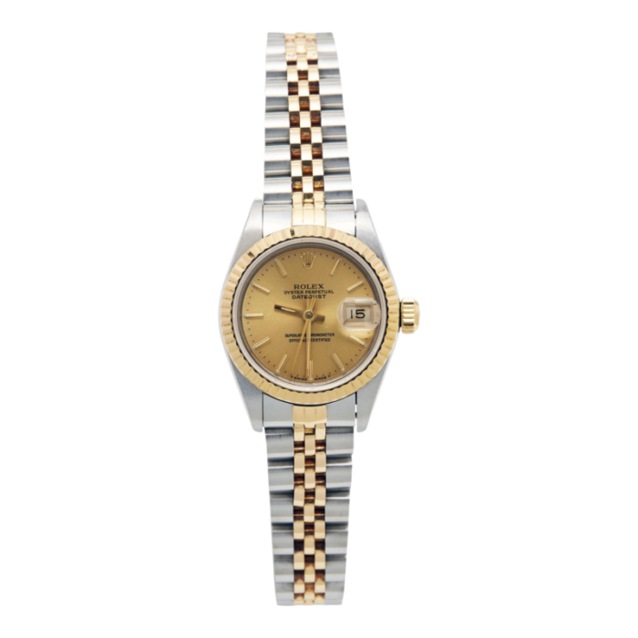 rolex champagne 18k yellow gold stainless steel datejust 69173 womens wristwatch 26 mm 6757