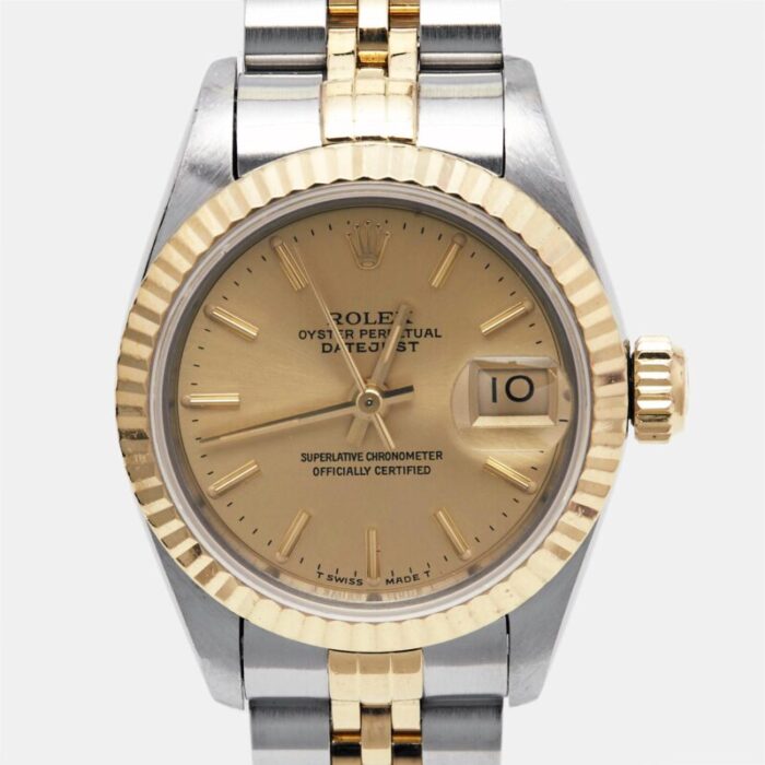 rolex champagne 18k yellow gold stainless steel datejust 69173 womens wristwatch 26 mm 8600