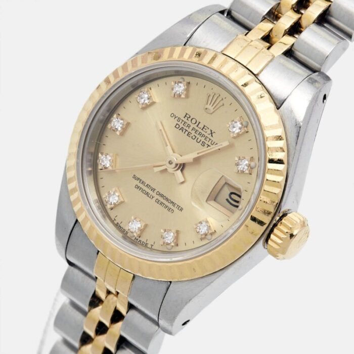 rolex champagne diamonds 18k yellow gold stainless steel datejust 69173 womens wristwatch 26 mm 0908