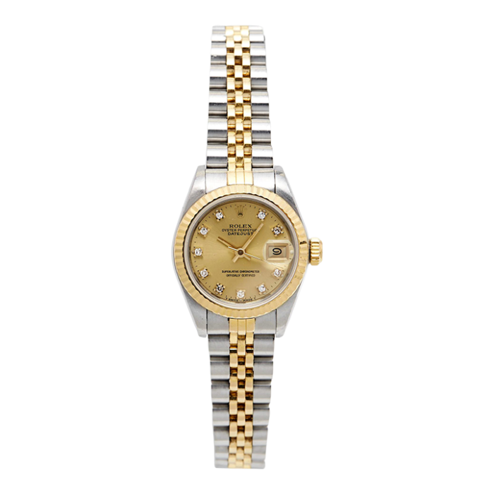 rolex champagne diamonds 18k yellow gold stainless steel datejust 69173 womens wristwatch 26 mm 8828