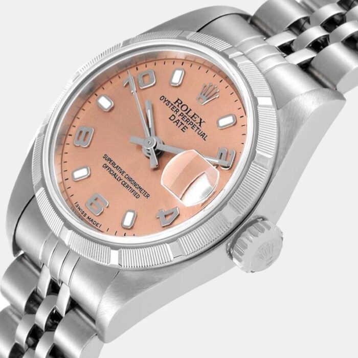 rolex pink stainless steel oyster perpetual date 79190 womens wristwatch 26 mm 9375