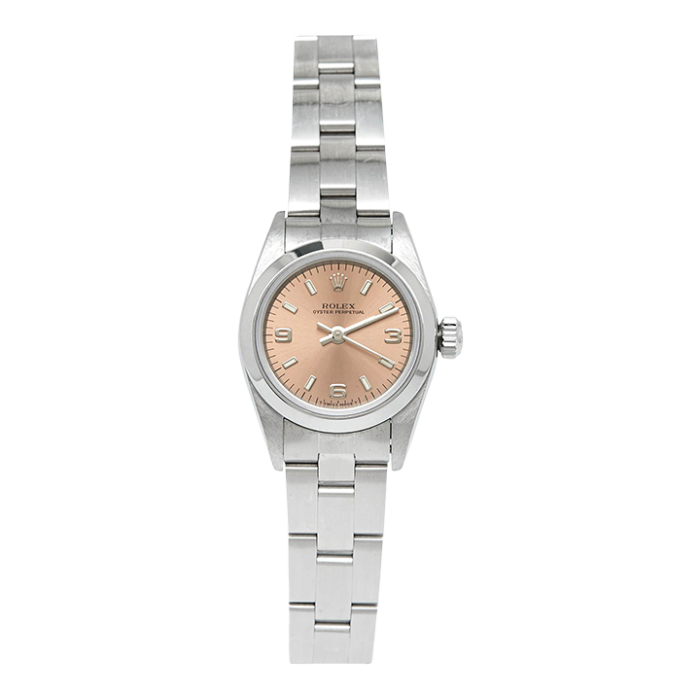 rolex salmon stainless steel oyster perpetual 67180 automatic womens wristwatch 25 mm 5185