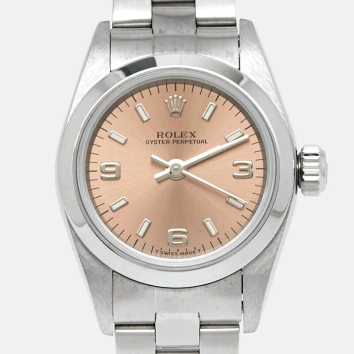 rolex salmon stainless steel oyster perpetual 67180 automatic womens wristwatch 25 mm 5863