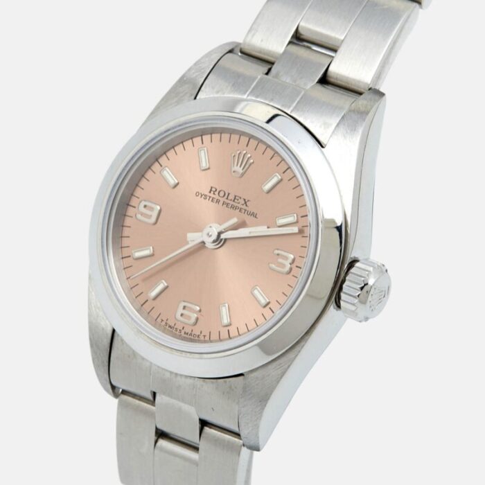 rolex salmon stainless steel oyster perpetual 67180 automatic womens wristwatch 25 mm 8657