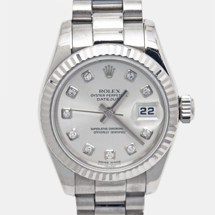 rolex silver diamonds 18k white gold president datejust 179179 womens wristwatch 26 mm 1072