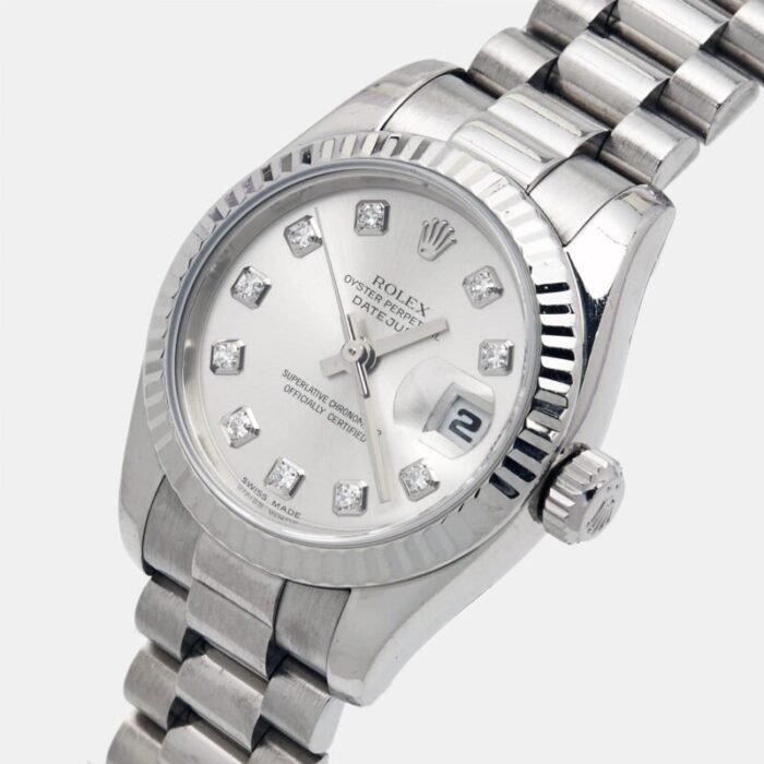 rolex silver diamonds 18k white gold president datejust 179179 womens wristwatch 26 mm 3208