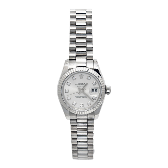 rolex silver diamonds 18k white gold president datejust 179179 womens wristwatch 26 mm 4576