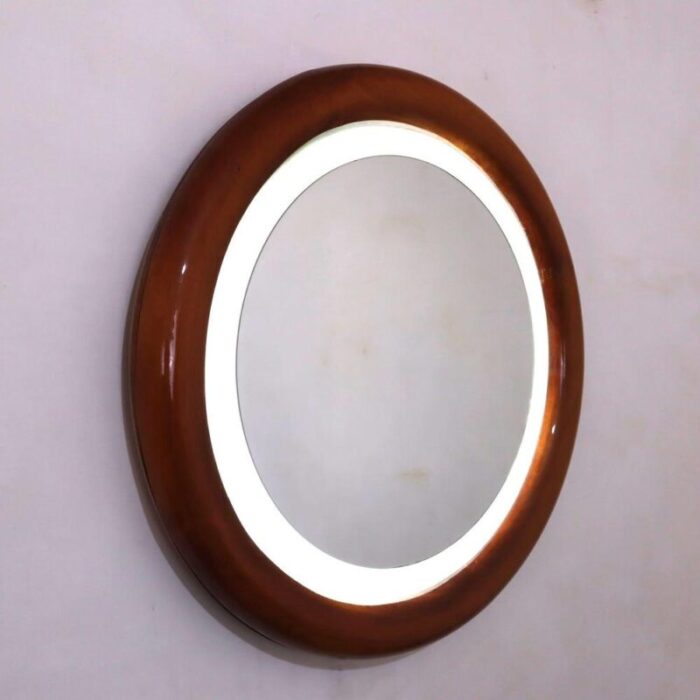 round backlit mirror in light walnut 1970s 5342