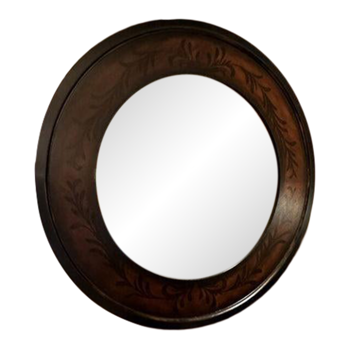 round wood mirror with leaf print 6294