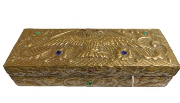 russian imperial basma eagle and abramtsevo semi precious stones wooden box 1900s 1