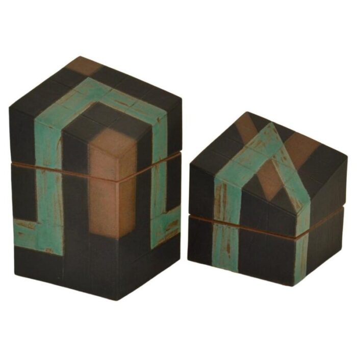 sculptural studio pottery boxes in sage green and black set of 2 1