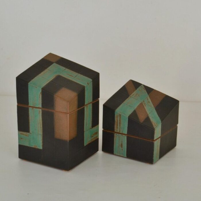 sculptural studio pottery boxes in sage green and black set of 2 2