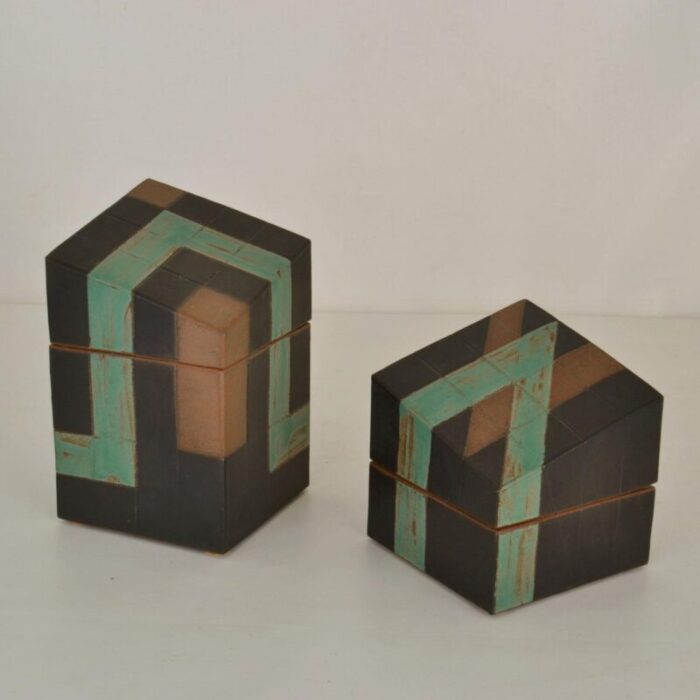 sculptural studio pottery boxes in sage green and black set of 2 3