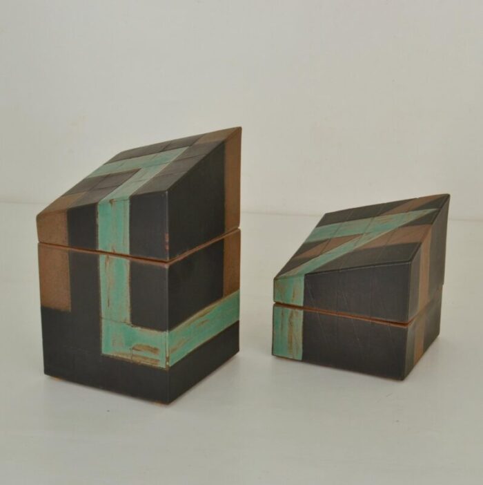 sculptural studio pottery boxes in sage green and black set of 2 4