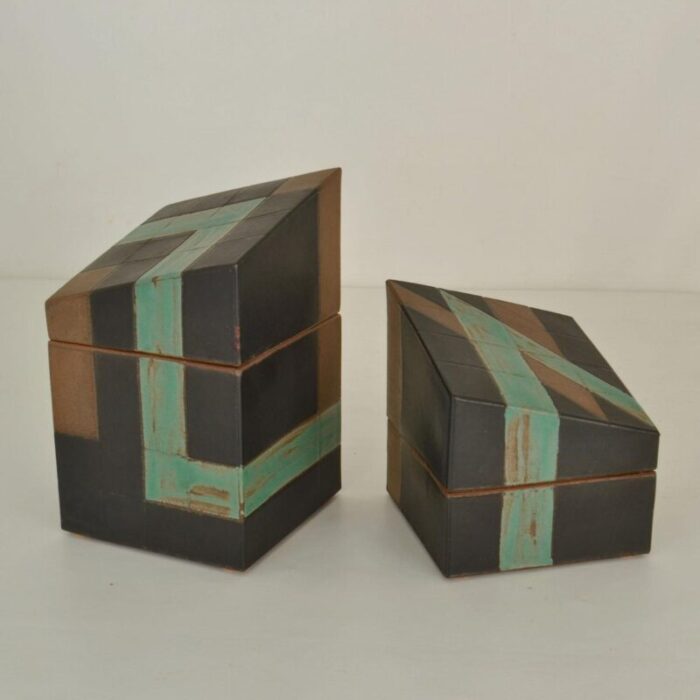 sculptural studio pottery boxes in sage green and black set of 2 5