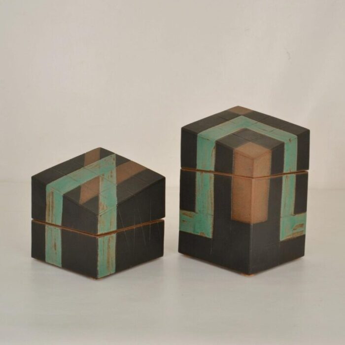 sculptural studio pottery boxes in sage green and black set of 2 6