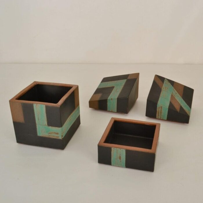 sculptural studio pottery boxes in sage green and black set of 2 7