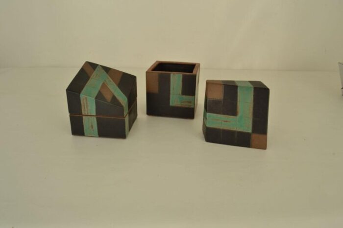 sculptural studio pottery boxes in sage green and black set of 2 8