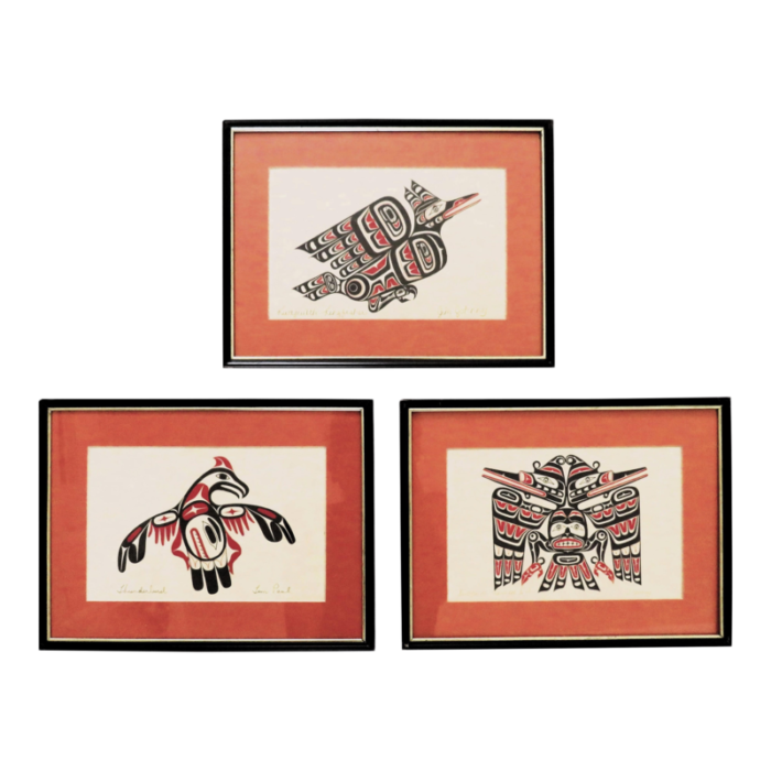 set of 3 native american mid century modern abstract bird lithographs prints signed 3147