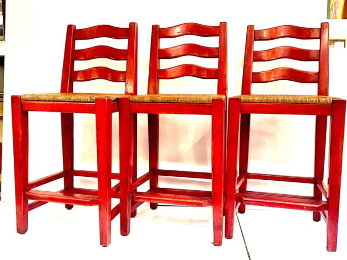 set of 3 wooden counter stools painted red 5603