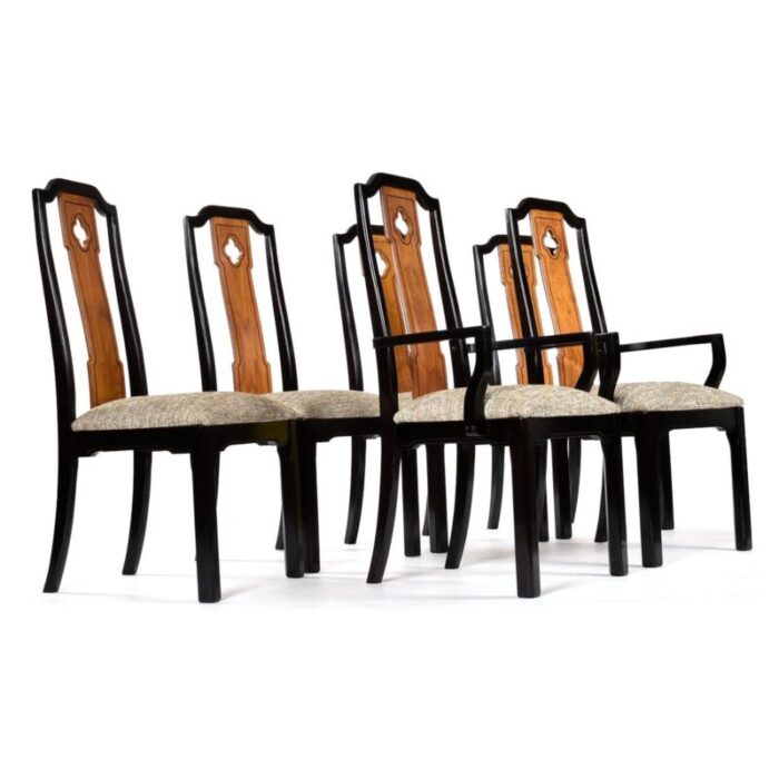 set of six thomasville embassy asian chinoiserie wood and black dining chairs 0998