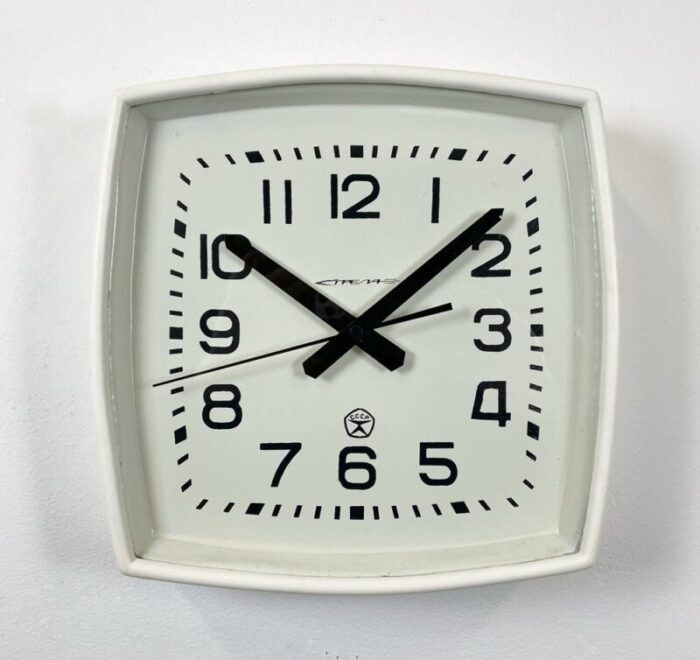 soviet industrial white bakelite factory wall clock from strela 1970s 2