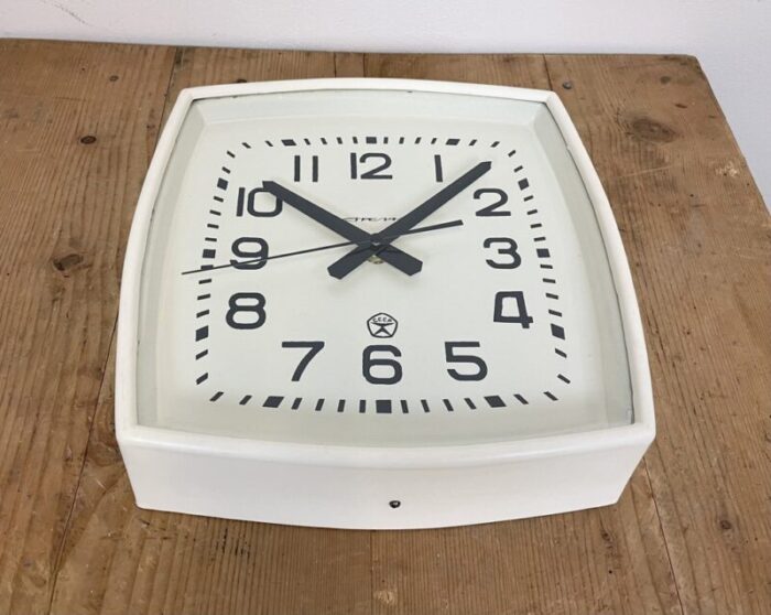 soviet industrial white bakelite factory wall clock from strela 1970s 5