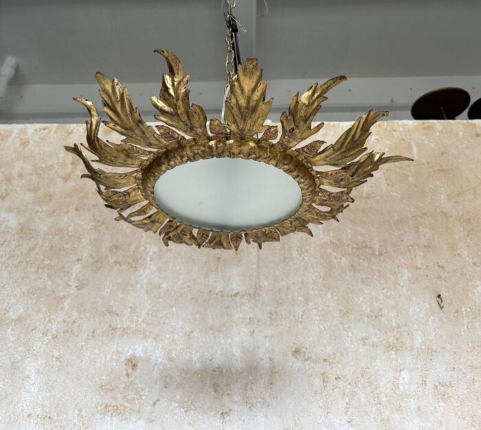 spanish 1950s gilt metal crown ceiling fixture 1084