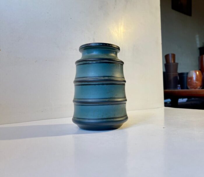 striped petrol blue ceramic vase by knabstrup 1960s 1