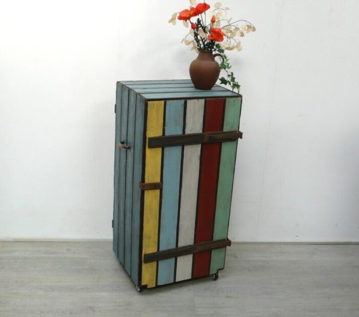 transportation wooden box on wheels in shabby blue and multicolour 1940s 1777