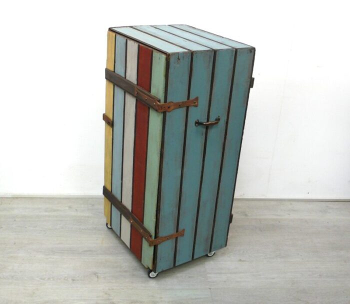 transportation wooden box on wheels in shabby blue and multicolour 1940s 6188