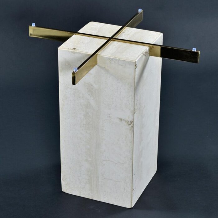 travertine stone and brass pedestal side table with square glass 1606