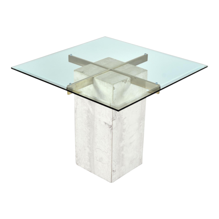 travertine stone and brass pedestal side table with square glass 8022