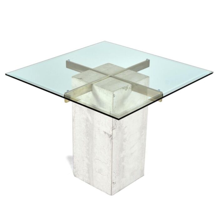 travertine stone and brass pedestal side table with square glass 8235