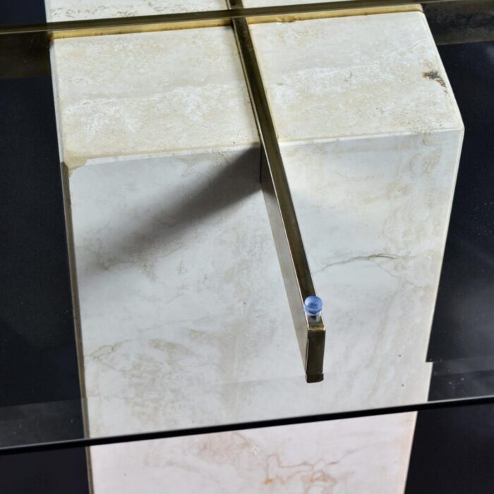 travertine stone and brass pedestal side table with square glass 8248