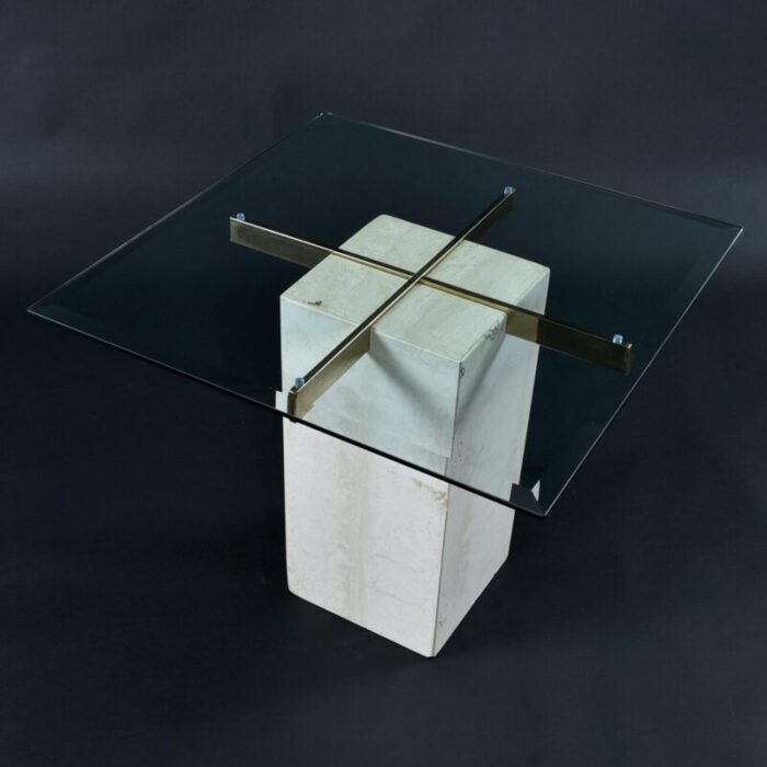 travertine stone and brass pedestal side table with square glass 8659