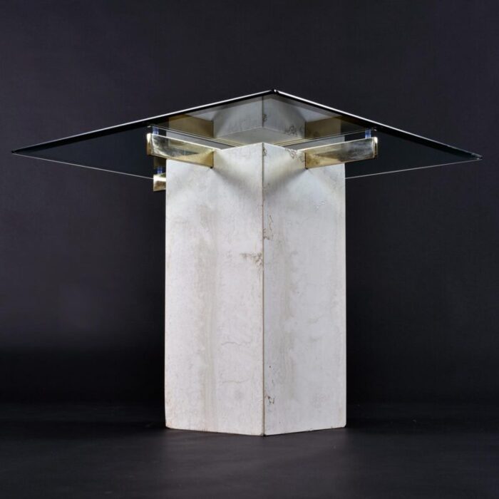 travertine stone and brass pedestal side table with square glass 9841