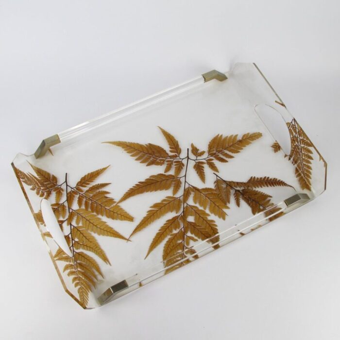 tray in methacrylate with dry leaves in the style of aldo tura 1