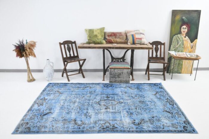 turkish vintage faded blue wool area rug 2